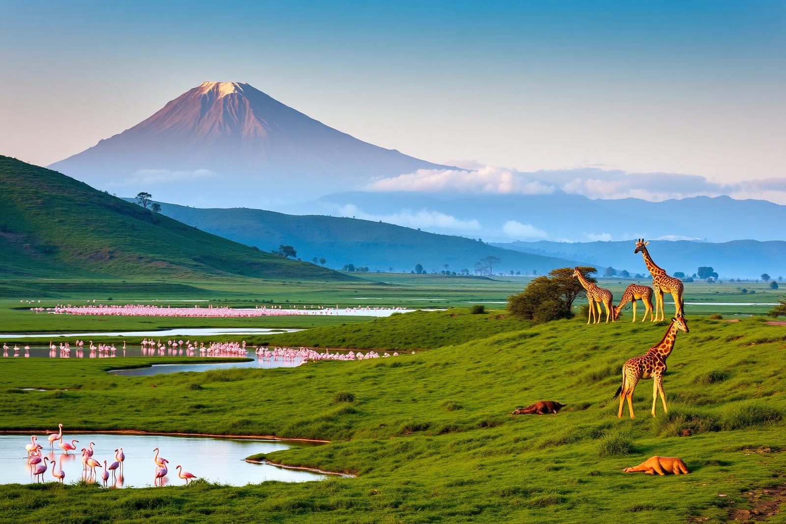 Giraffes and flamingos at the Momella Lakes below Mount Meru