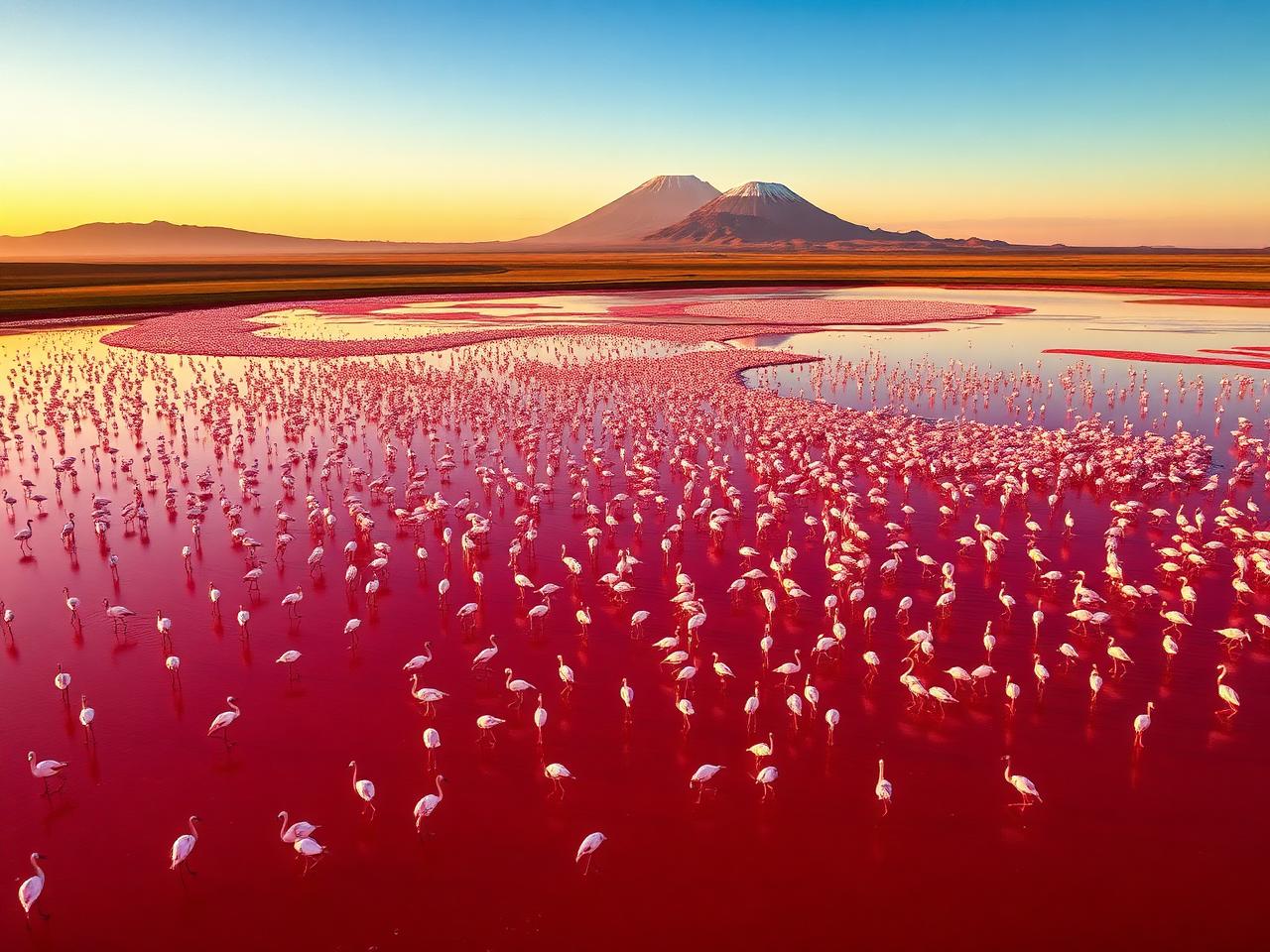 Flamingos on the crimson shallows of Lake Natron with Ol Doinyo Lengai behind