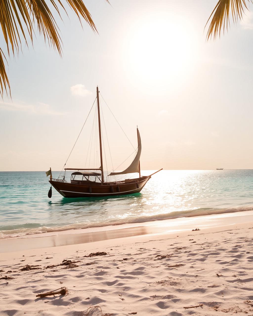 Turquoise water and dhow sailboat off the Zanzibar coast