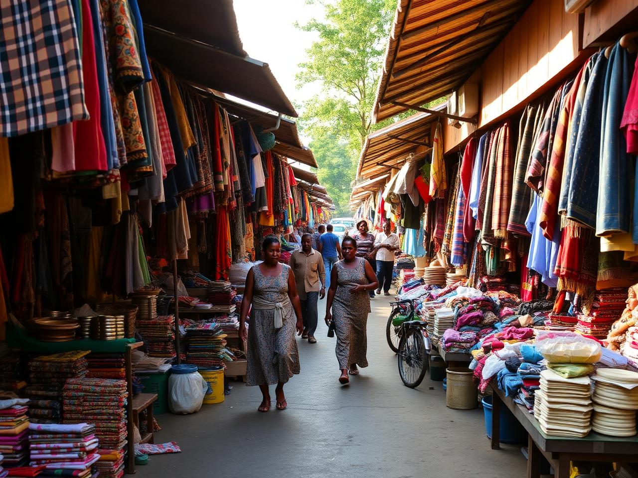 Colourful fabrics and crafts at a busy Arusha market street