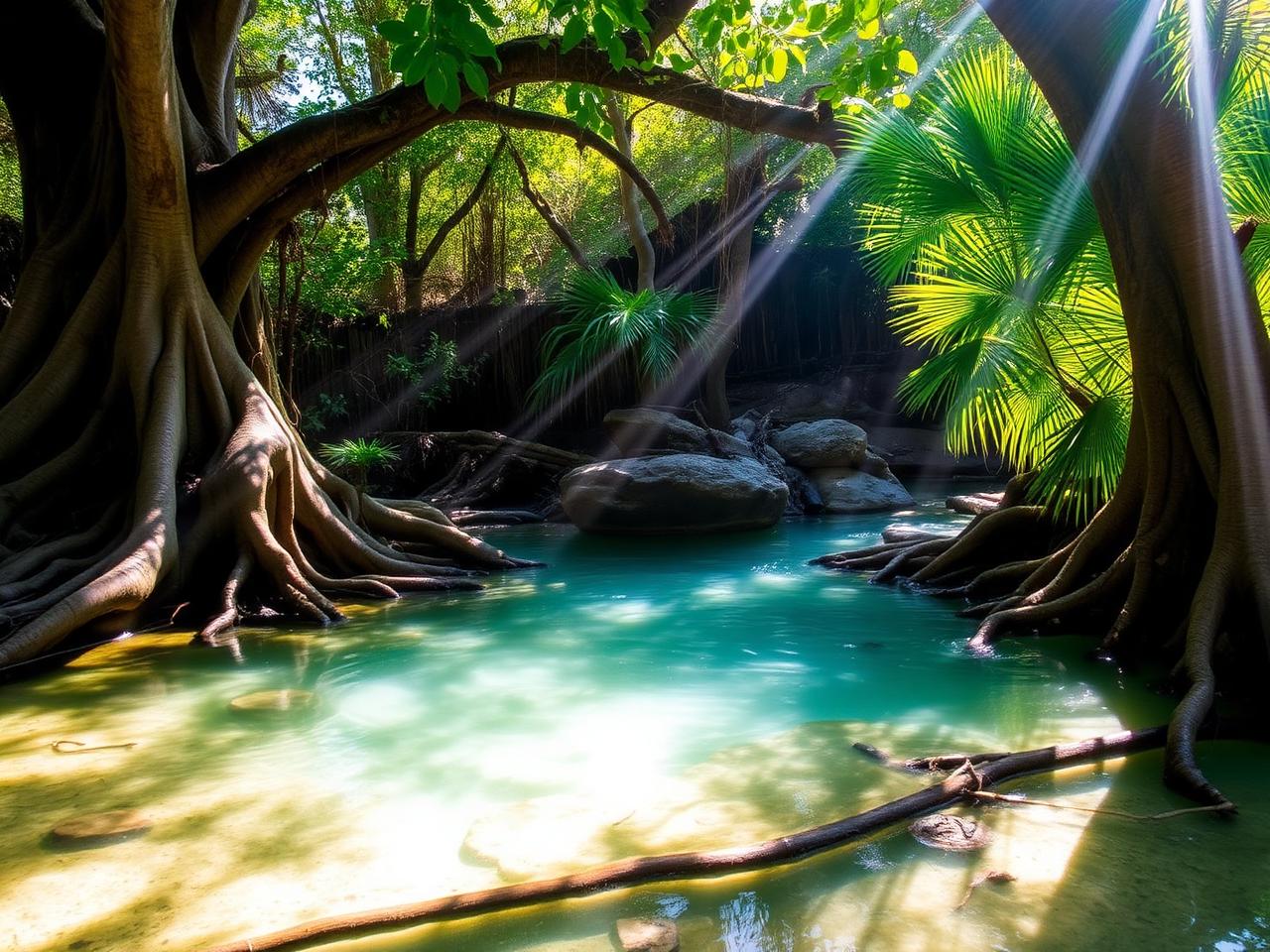 Clear turquoise water of Chemka hot springs surrounded by fig tree roots
