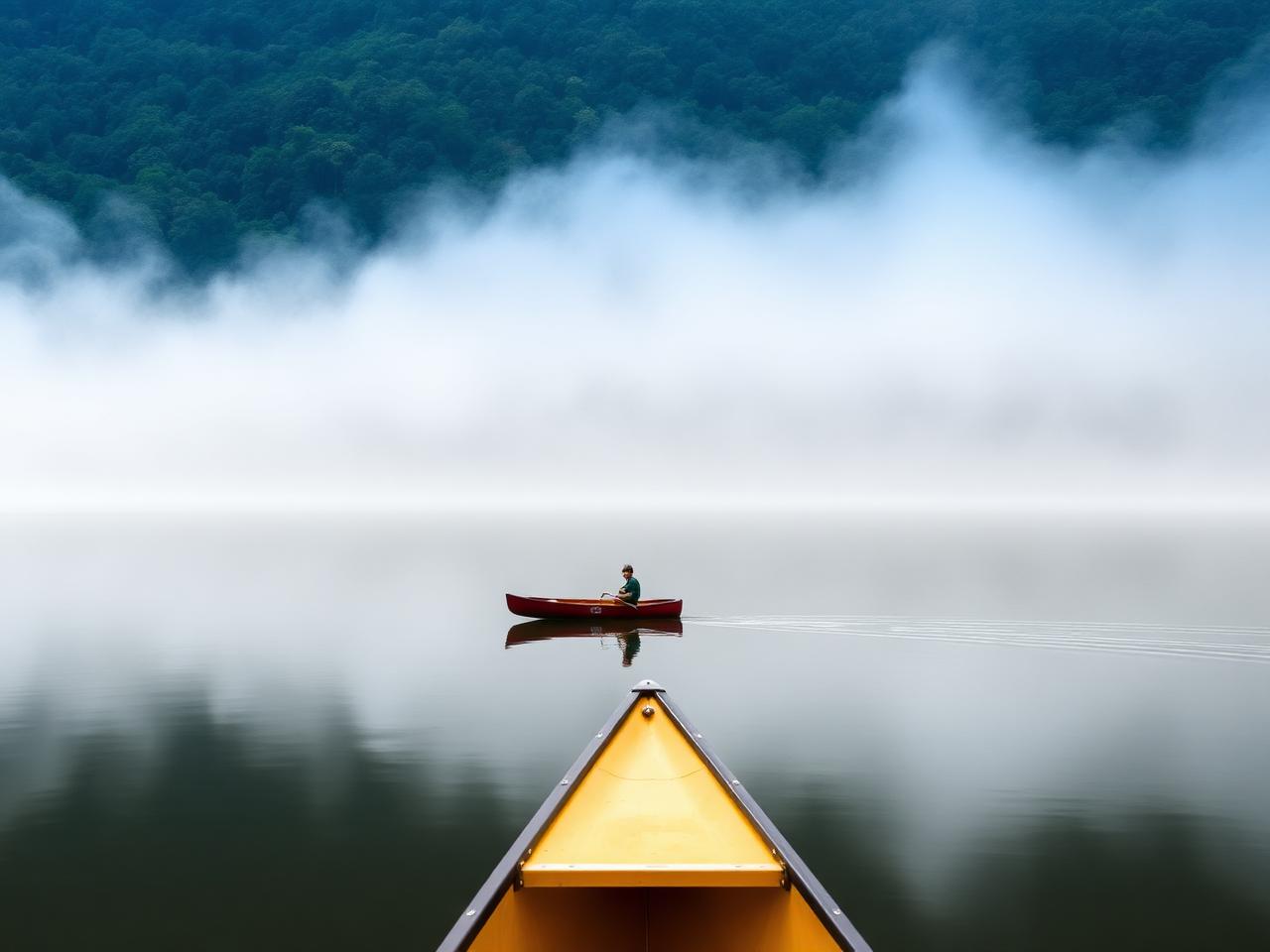 A canoe on the still water of Lake Duluti with forested shoreline