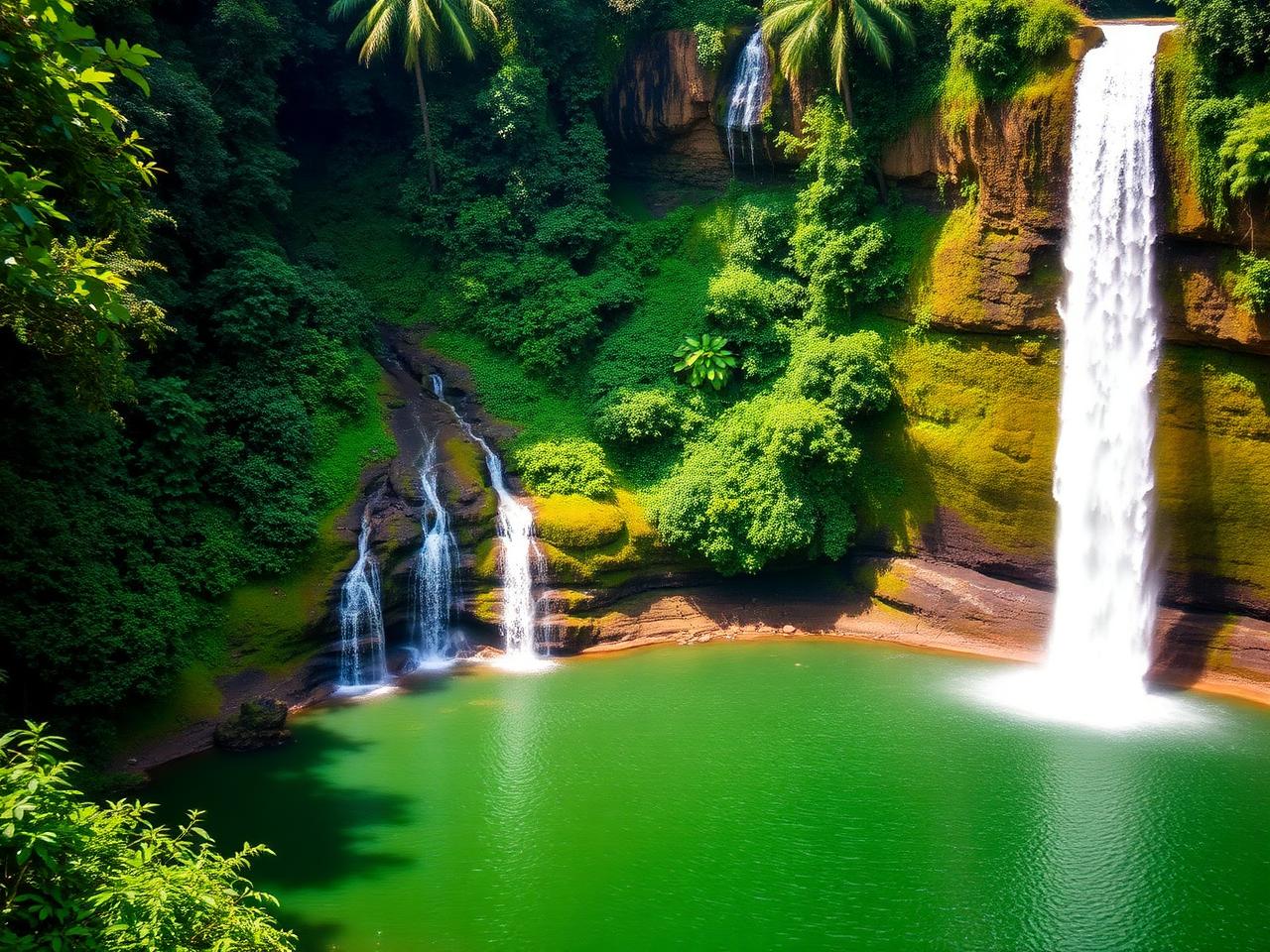 Materuni waterfall falling into a green pool surrounded by jungle