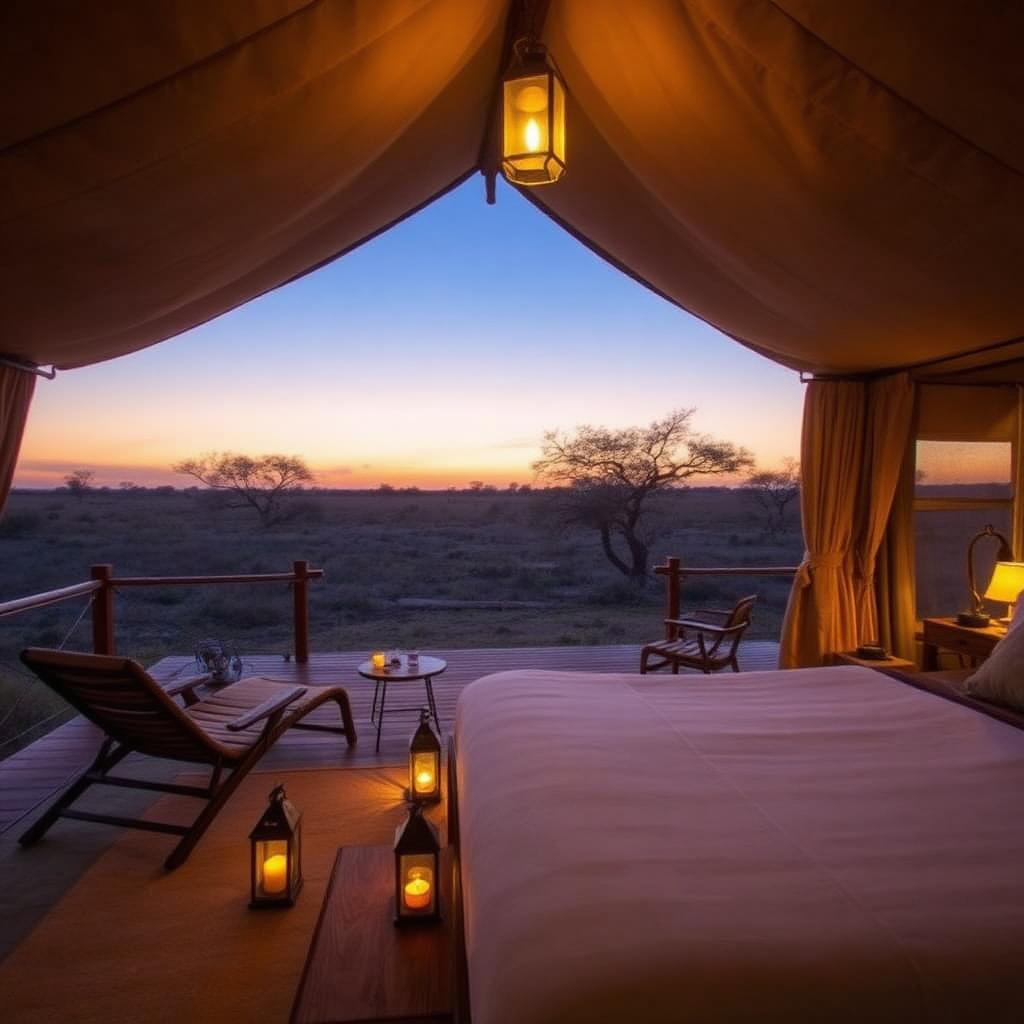 Luxury tented camp interior at golden hour