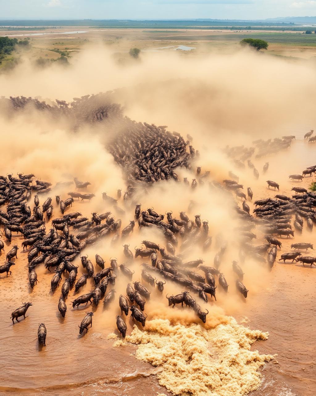 Wildebeest herds crossing the Serengeti plains
